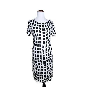 Venus Geometric Square Print Short Sleeve Sheath Dress Black White Size Medium